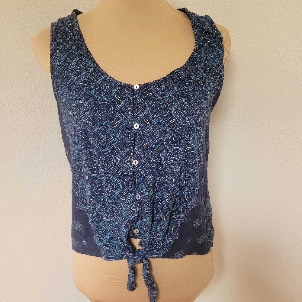Lucky Brand Blue Patterned Sleeveless Top Tie Front